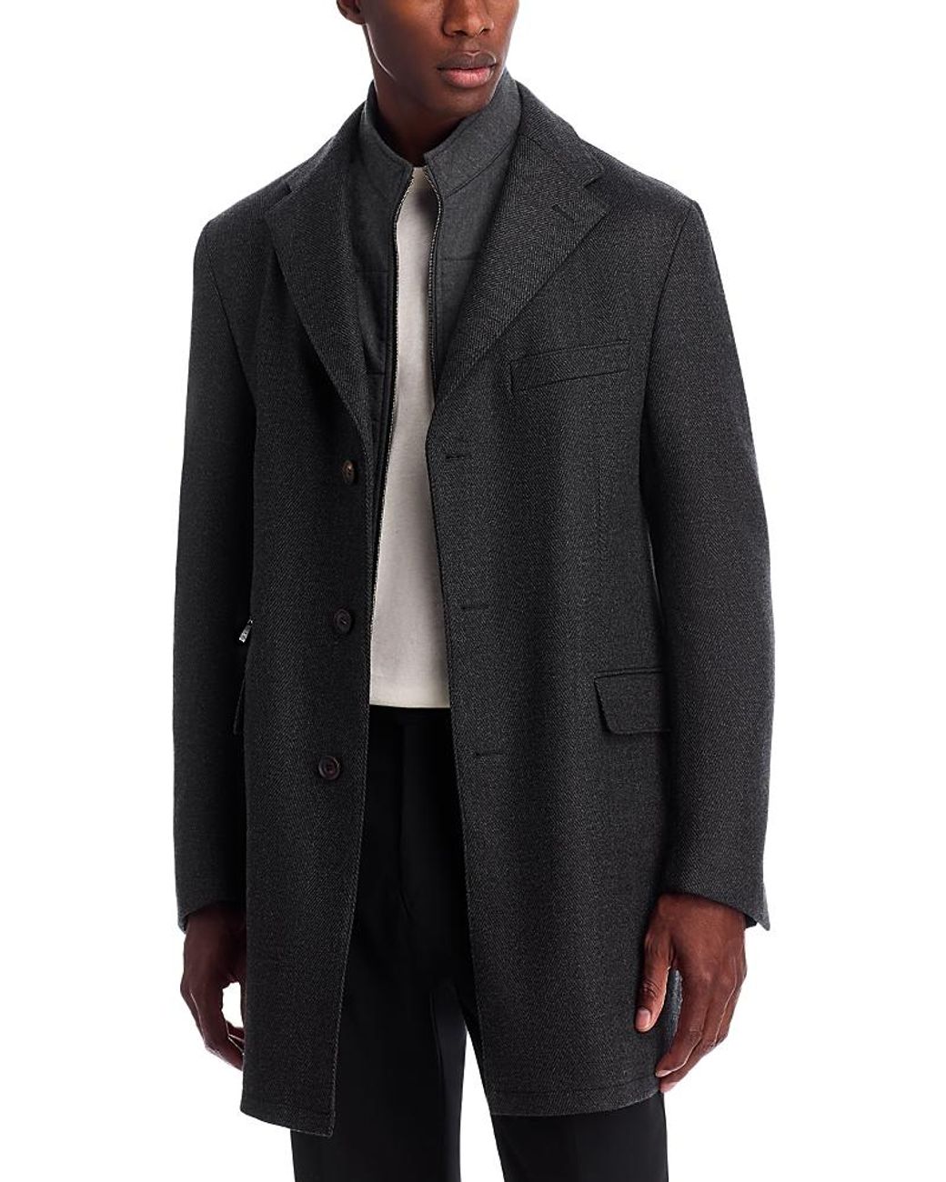 Corneliani Black Herringbone Bib Top Coat for men