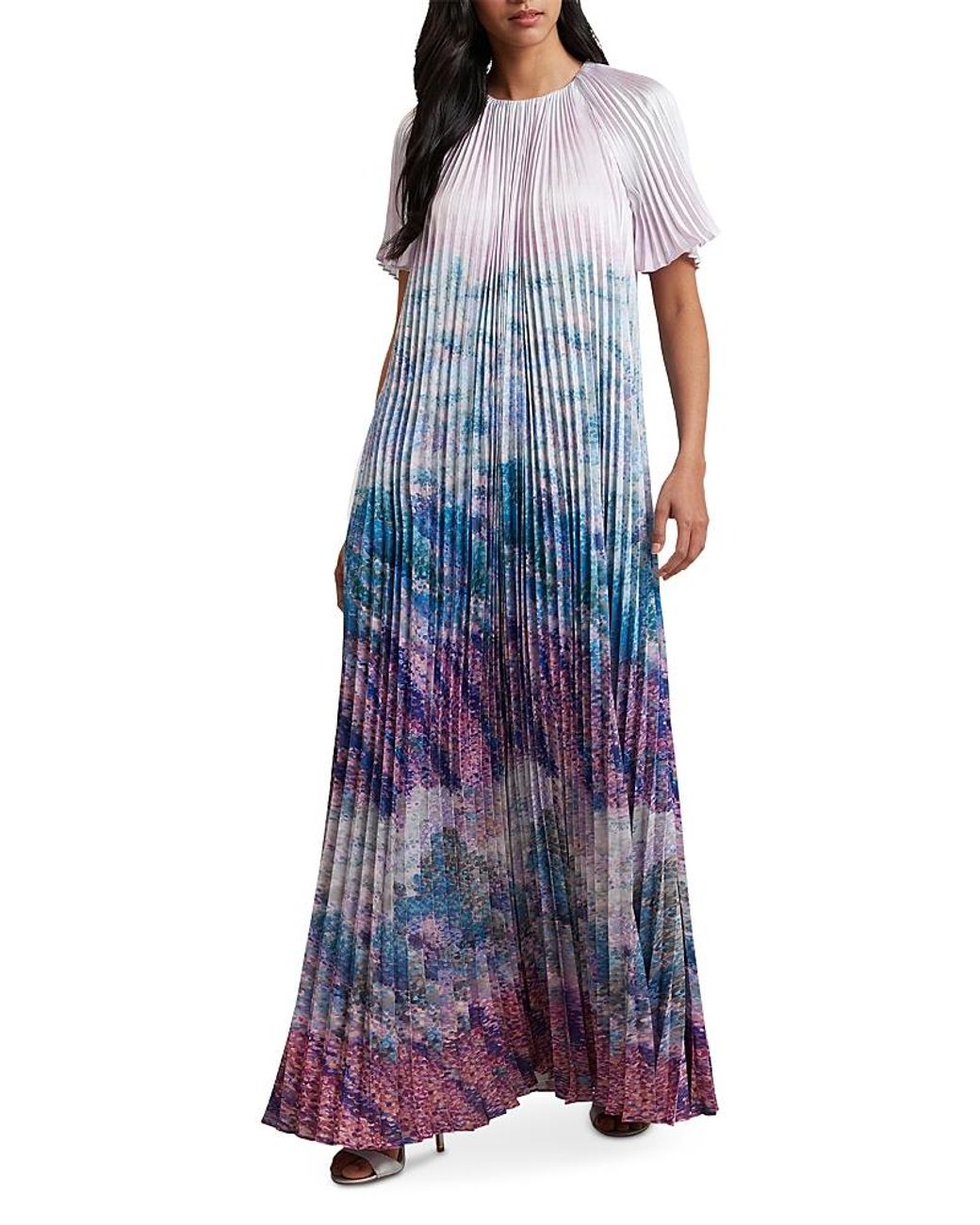 ★Ted Baker DEELIAA プリントプリーツフレア 上質マキシ★ Ted Baker Deeliaa Pleated Short Sleeve Maxi Dress in Purple