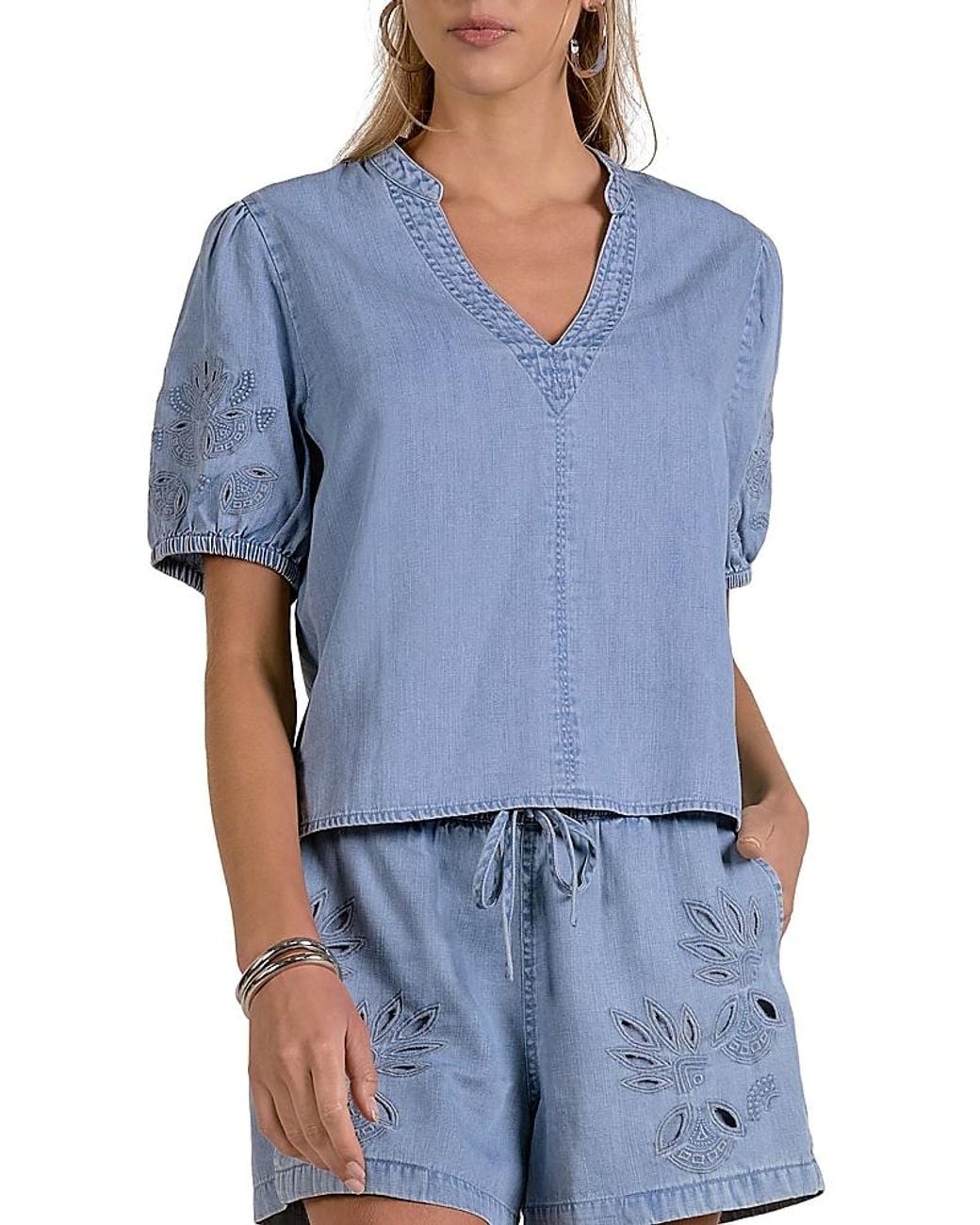 Elan Blue Chambray Split Neck Top