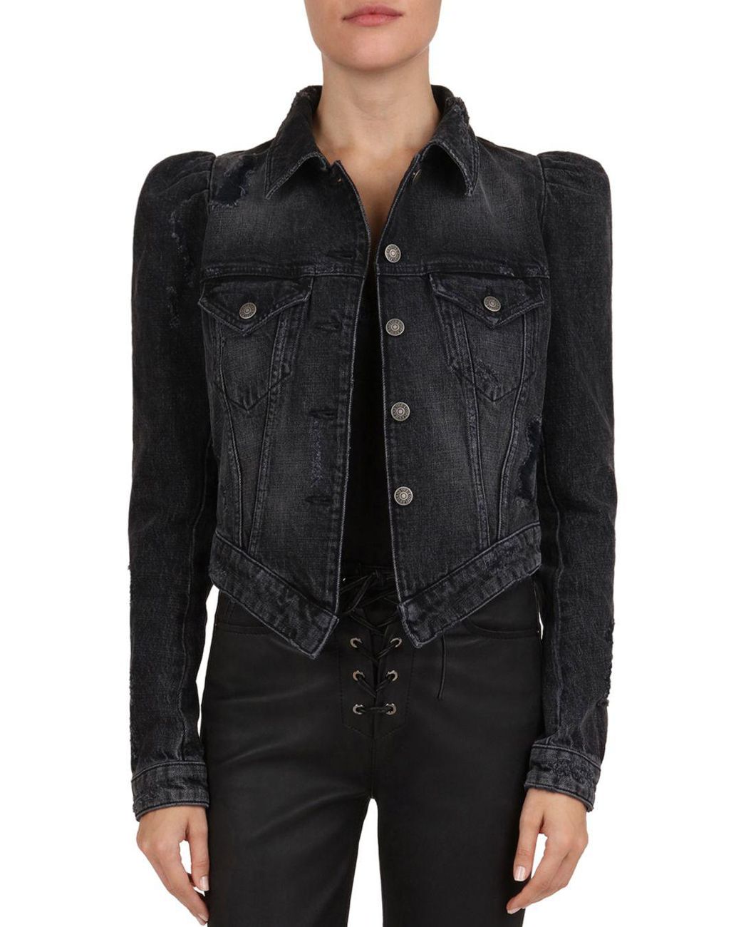 The Kooples Puffsleeve Distressed Denim Jacket in Black Lyst