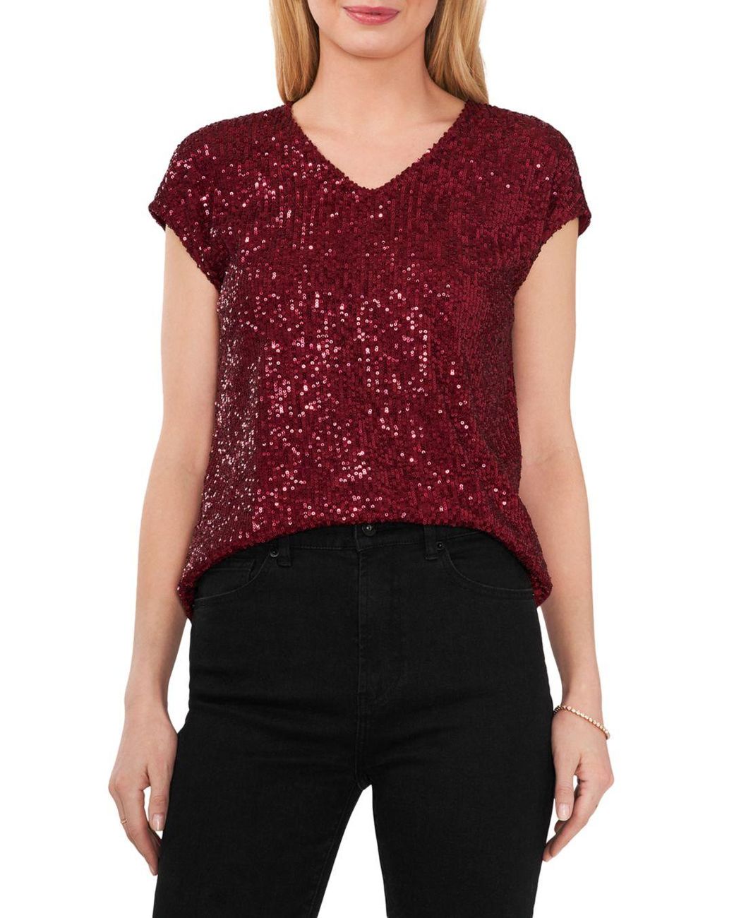 Vince Camuto Short Sleeve Sequin Top in Red | Lyst