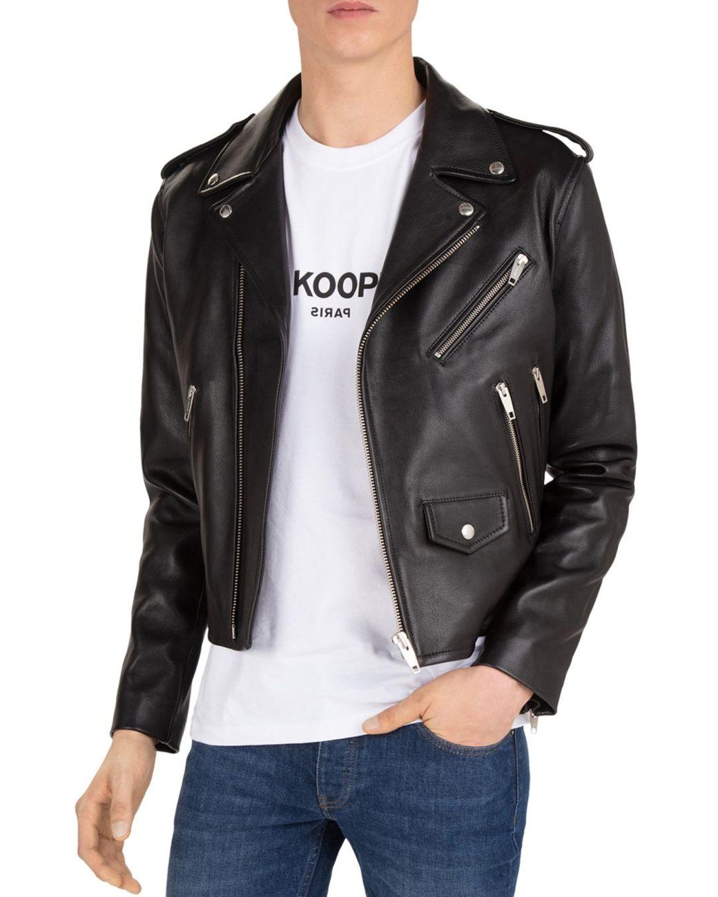 The Kooples Gobi Leather Cropped Moto Jacket in Black for Men | Lyst
