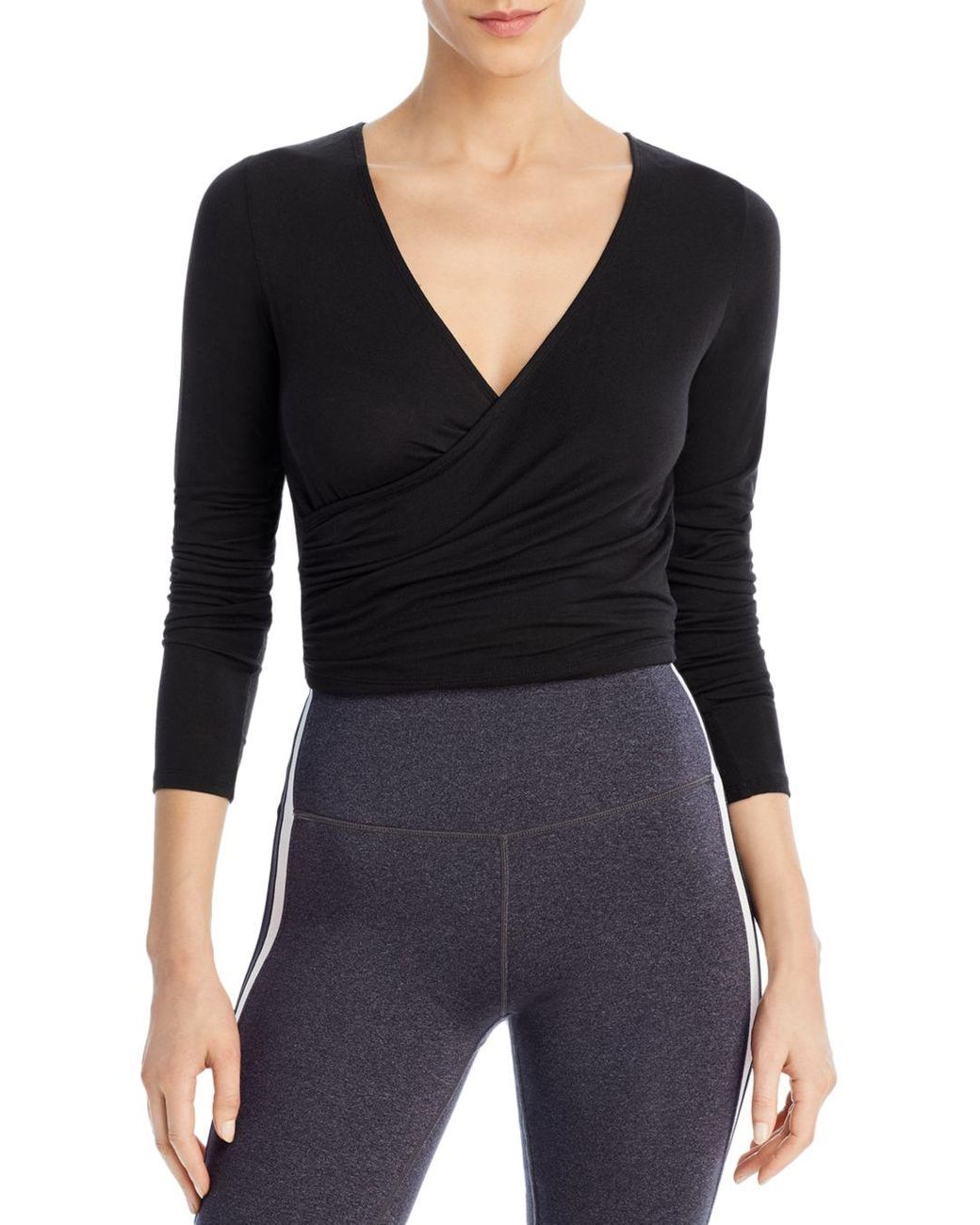 Aqua Athletic Long Sleeve Faux Wrap Top in Black | Lyst
