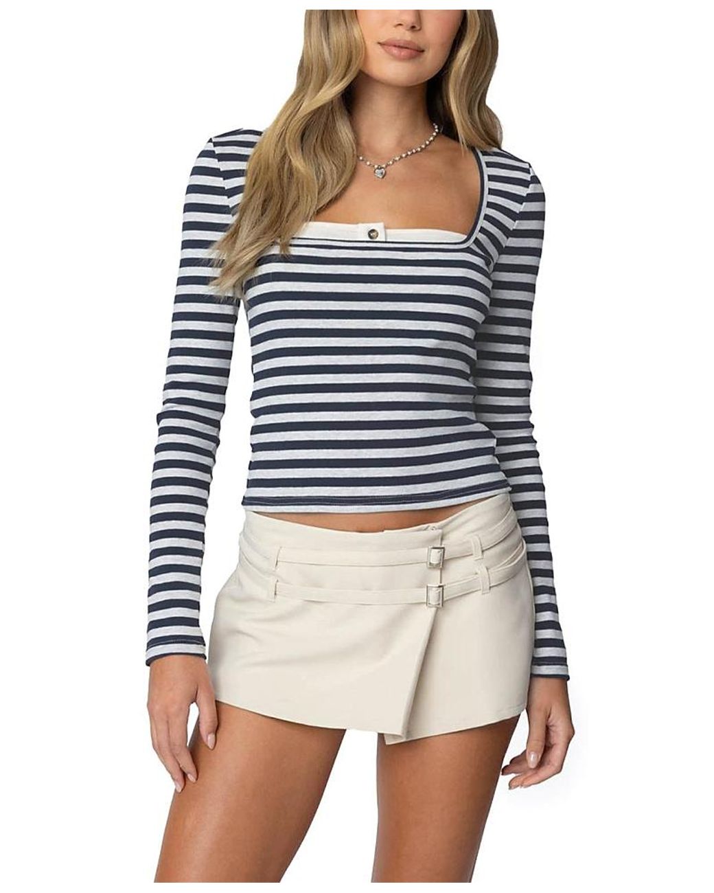 Edikted Blue Buttoned Up Layered Striped Top