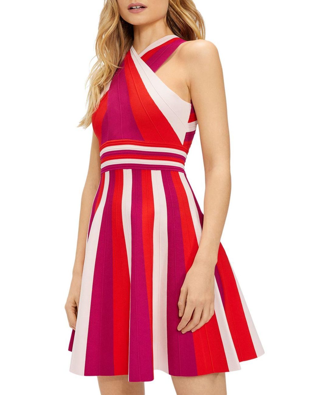 Ted Baker Synthetic Metropolis Stripe Knit Skater Dress in Bright Pink