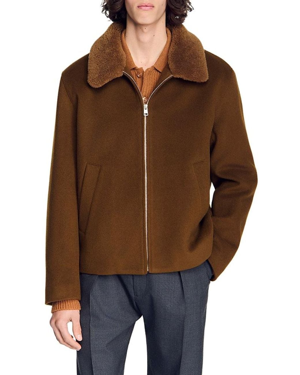 Sandro Brown Minimal Aviator Wool Blend Jacket for men