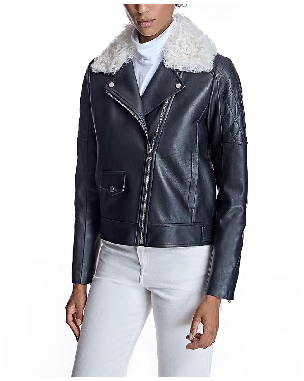Maximilian Blue Leather Jacket With Shearling Collar
