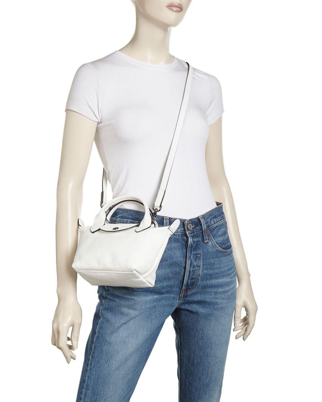 Longchamp Mini Le Pliage Cuir Croc Embossed Leather Top Handle Bag in White  | Lyst