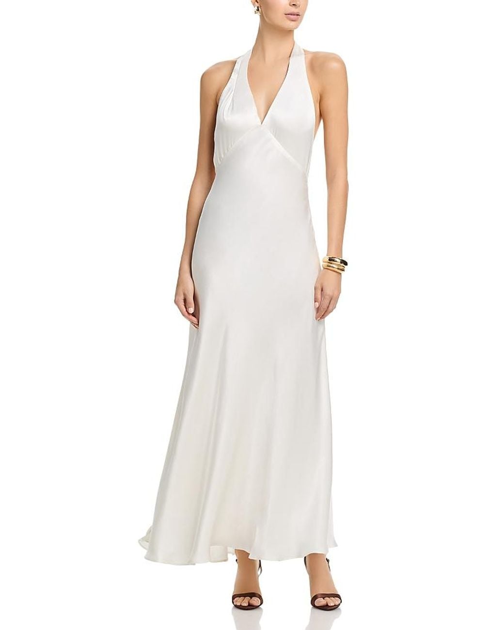 fitted lace wedding dress Alessandra Gold Ring Halter Neck White Maxi Dress M main image 1