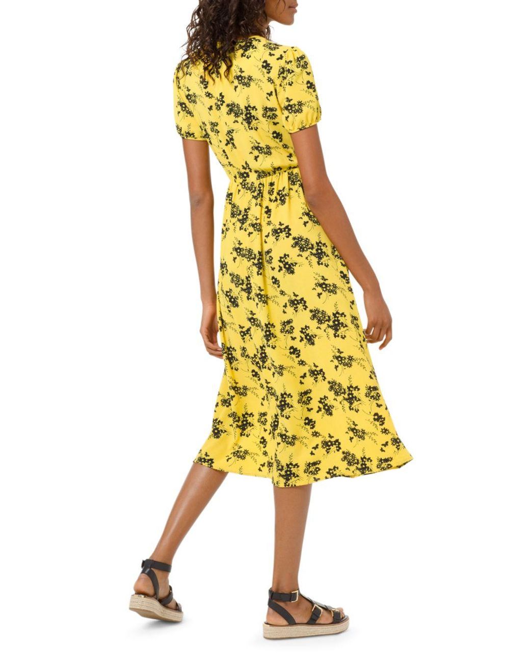 Michael Kors Synthetic Botanical Pintucked Dress in Golden Yellow/Black  (Yellow) | Lyst