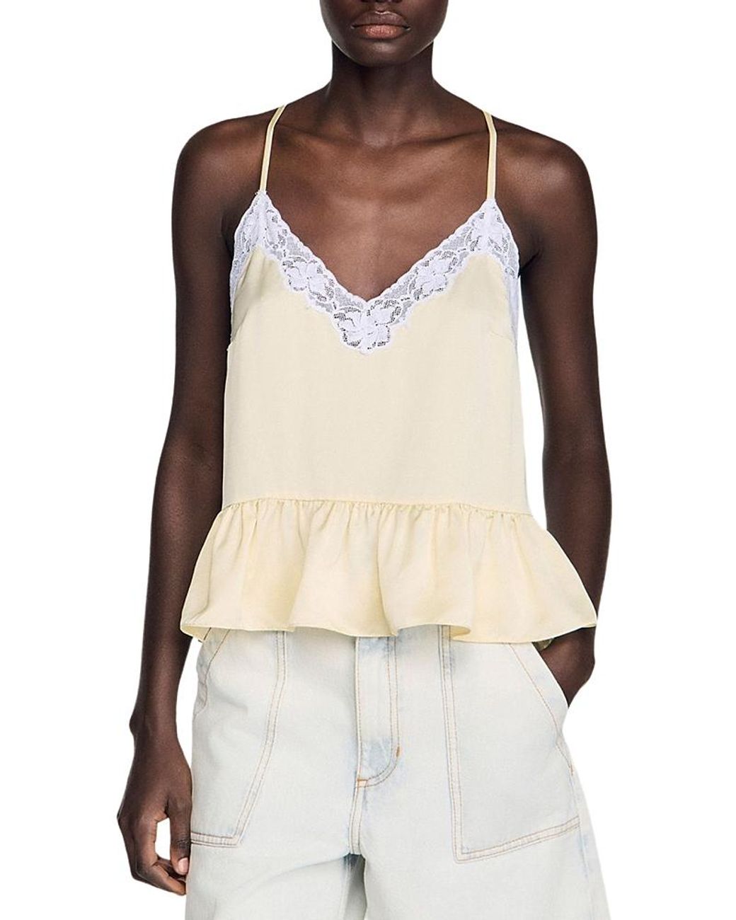 Sandro Ruffled Top in Natural | Lyst