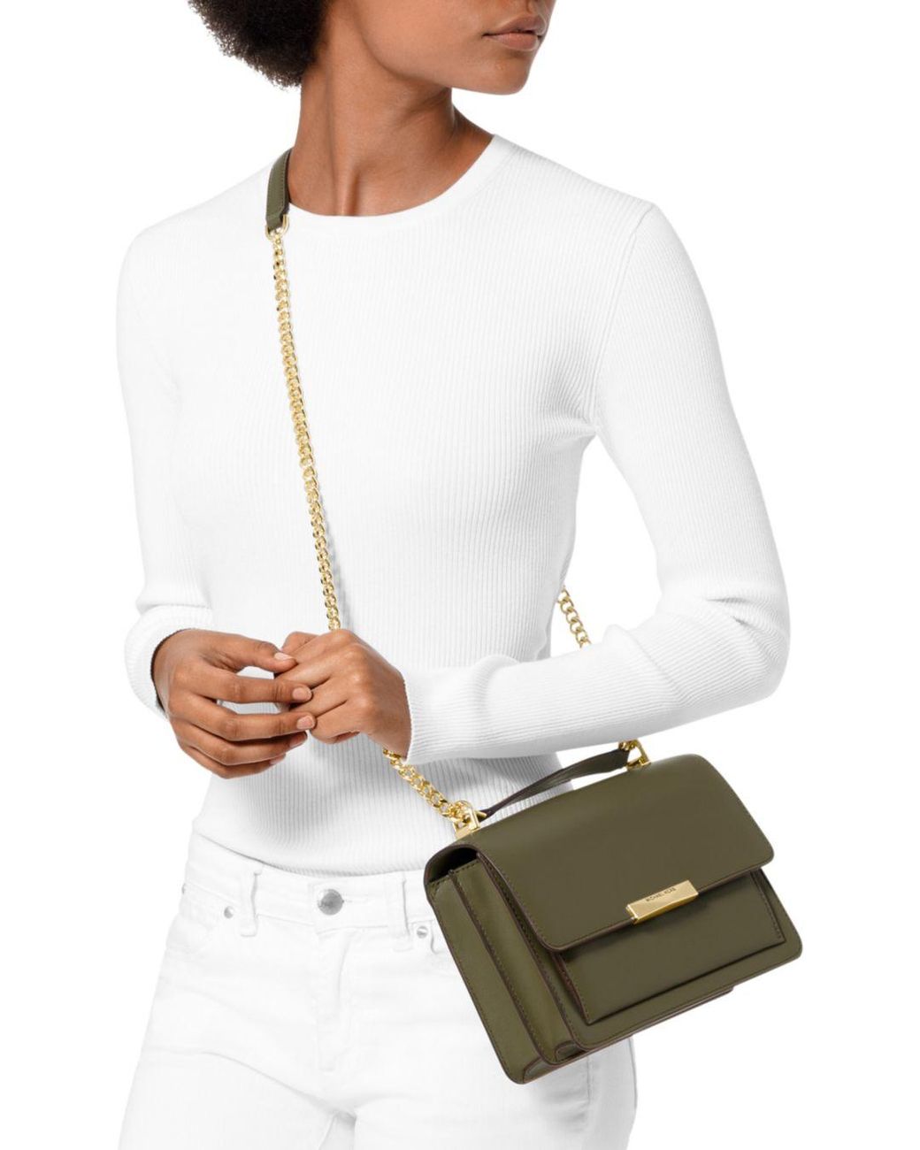 Michael Kors Jade Large Leather Gusset Shoulder Bag in White | Lyst