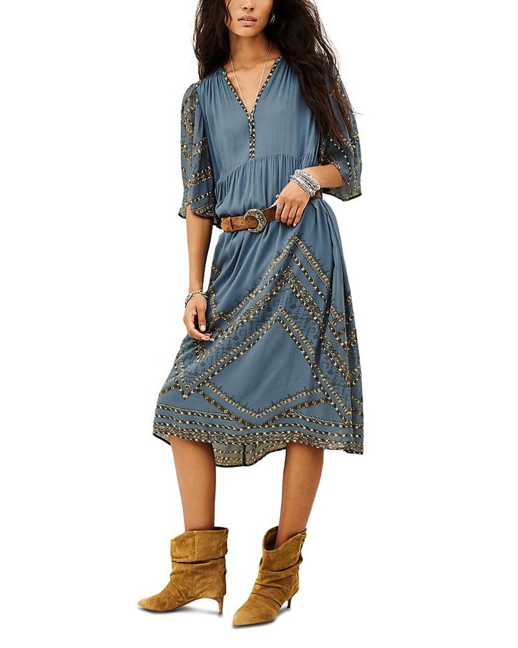 Ba&sh Blue Pacifica Elbow Sleeve Midi Dress