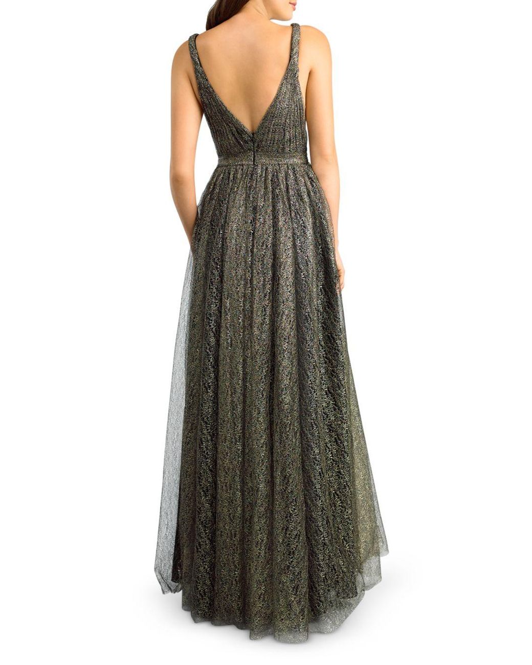 metallic lace and jersey round neck halter gown