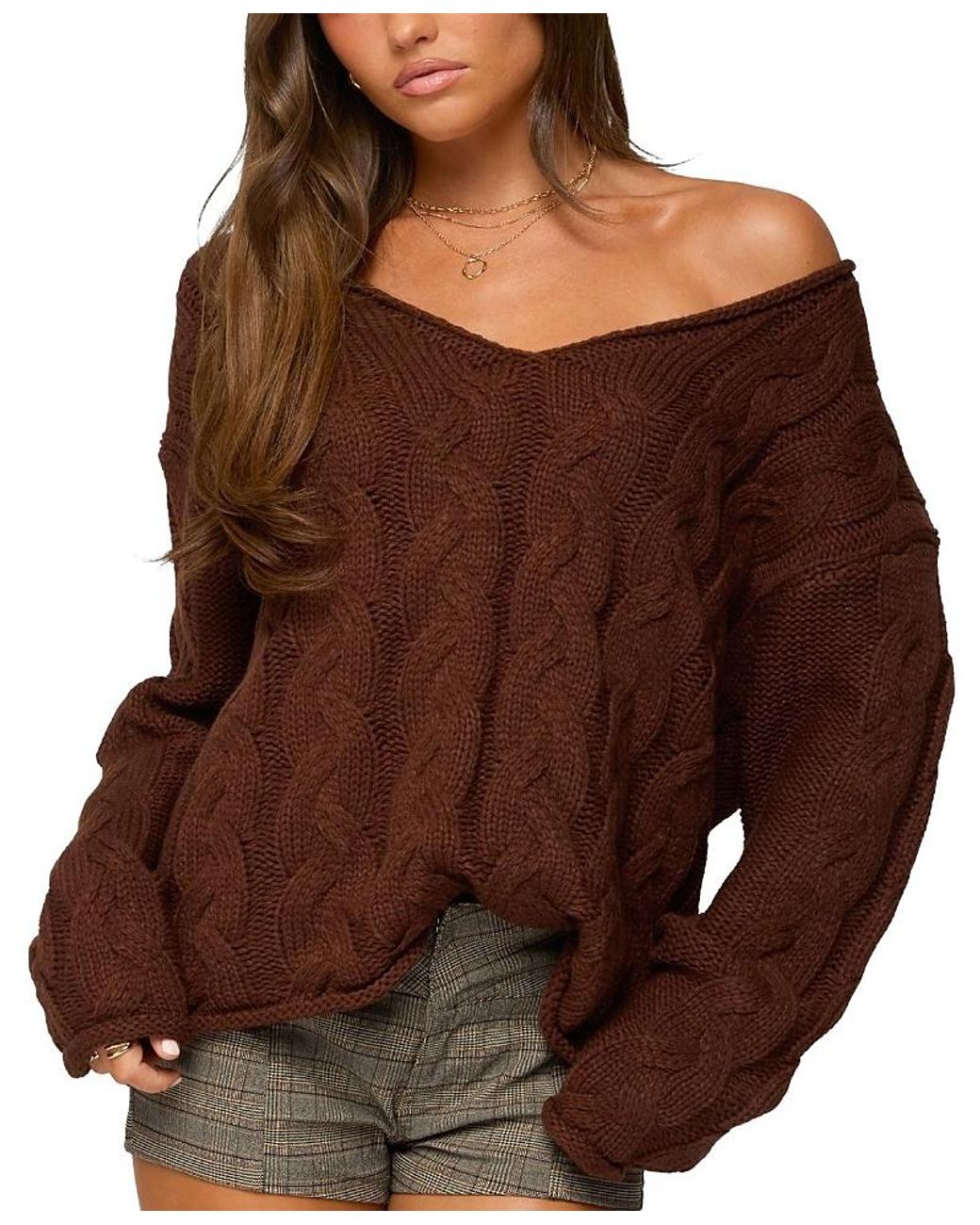 Edikted Brown Inga Oversized Cable Knit Sweater