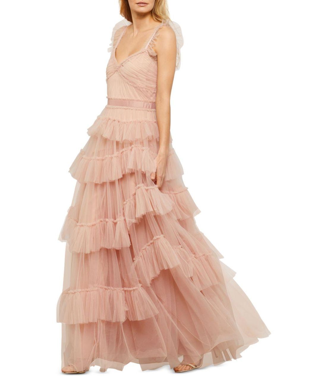 BCBGMAXAZRIA Eve Tiered Ruffled Tulle Maxi Dress in Pink | Lyst