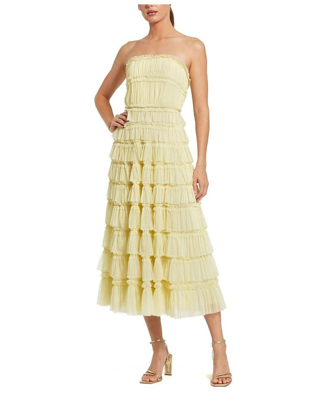 Mac Duggal Yellow Solid Mesh Dot Micro Ruffle Strapless Midi Dress