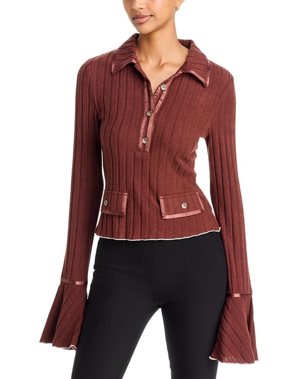 AREA STARS Red Remi Ribbed Button Placket Top