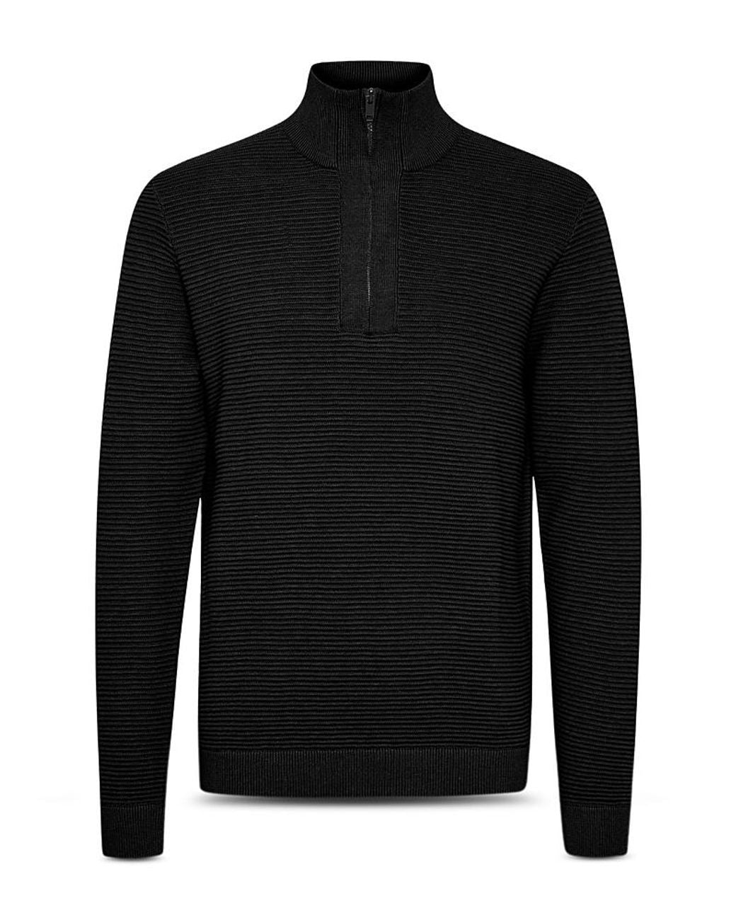 Solid Black Cotton Ribbed Quarter Zip Stand Collar Sweater for men