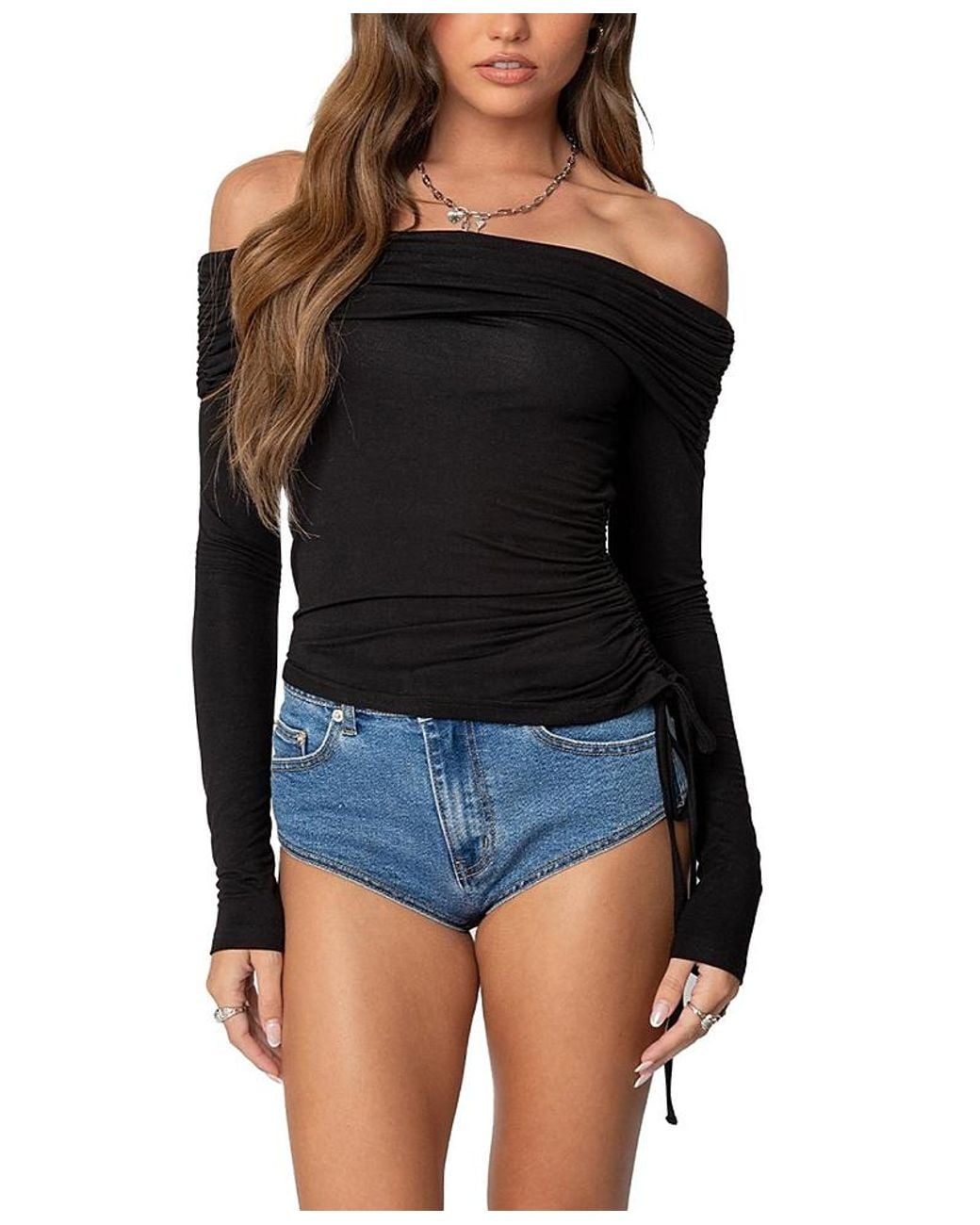 Edikted Black Gathered Fold Over Drawstring Top