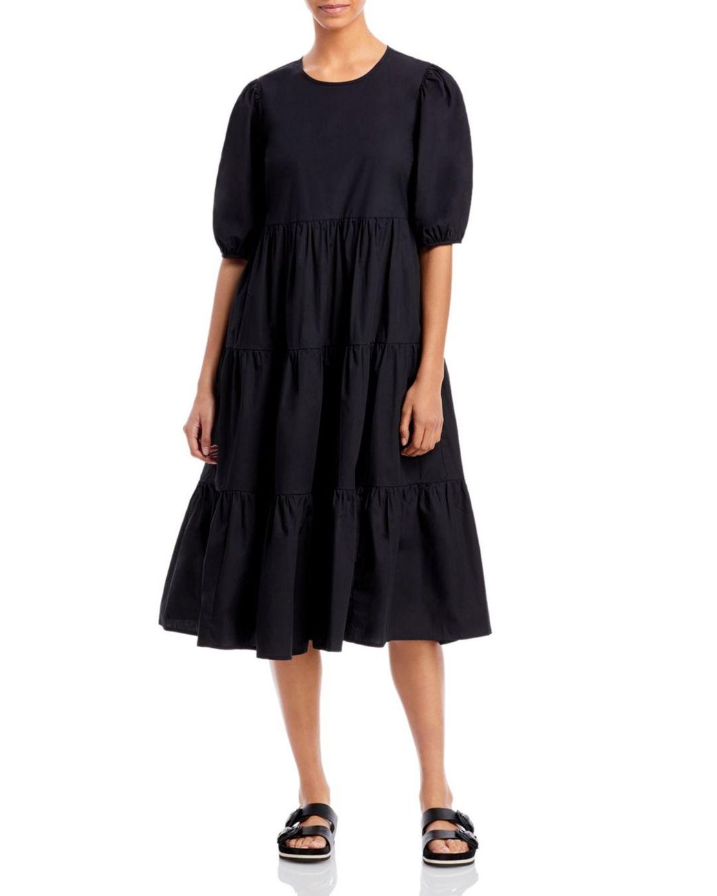 Aqua Tiered Poplin Midi Dress in Black | Lyst