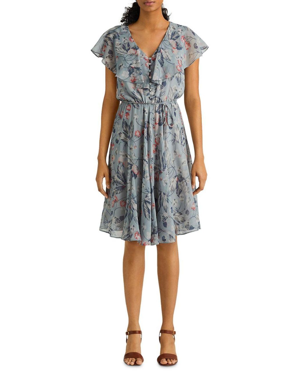 Ralph Lauren Synthetic Lauren Floral Crinkled Georgette Dress in Blue - Lyst