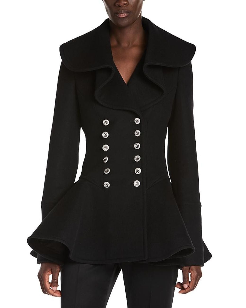 McQueen Black Double Breasted Flared Wool Coat