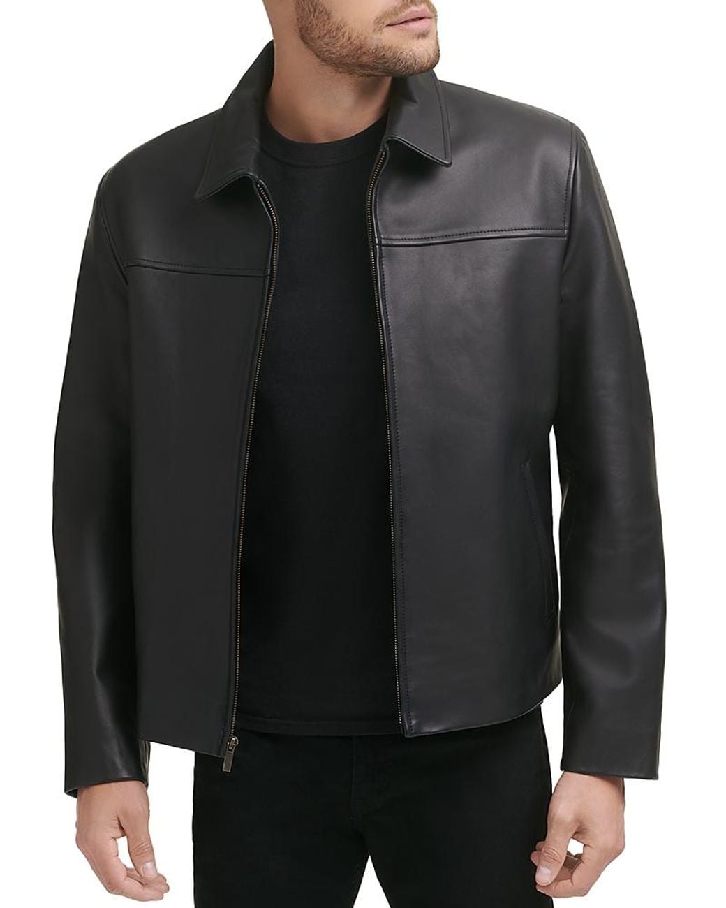 Cole Haan Black Zip Front Leather Jacket for men
