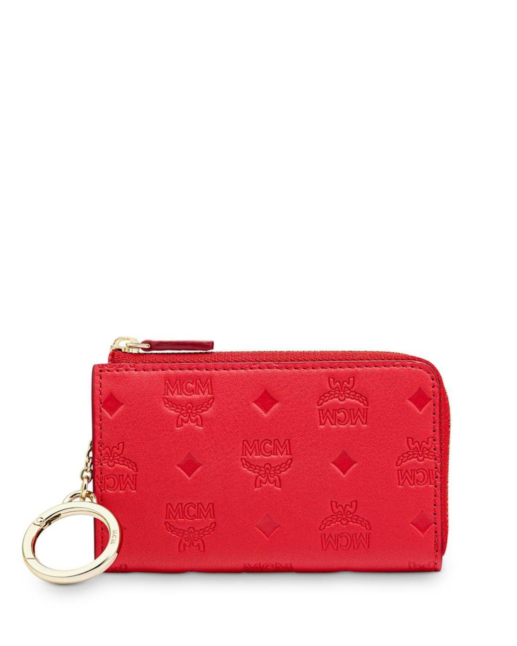 MCM Klara Monogram Leather Zip Wallet With Key Ring in Red | Lyst