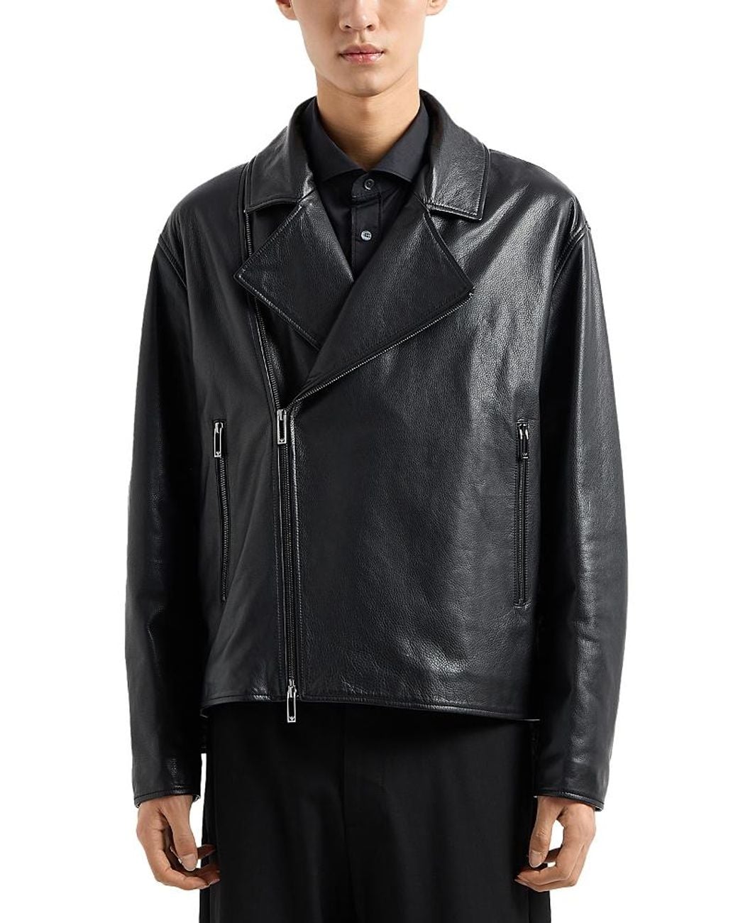 Emporio Armani Asymmetrical Leather Biker Jacket in Black for Men