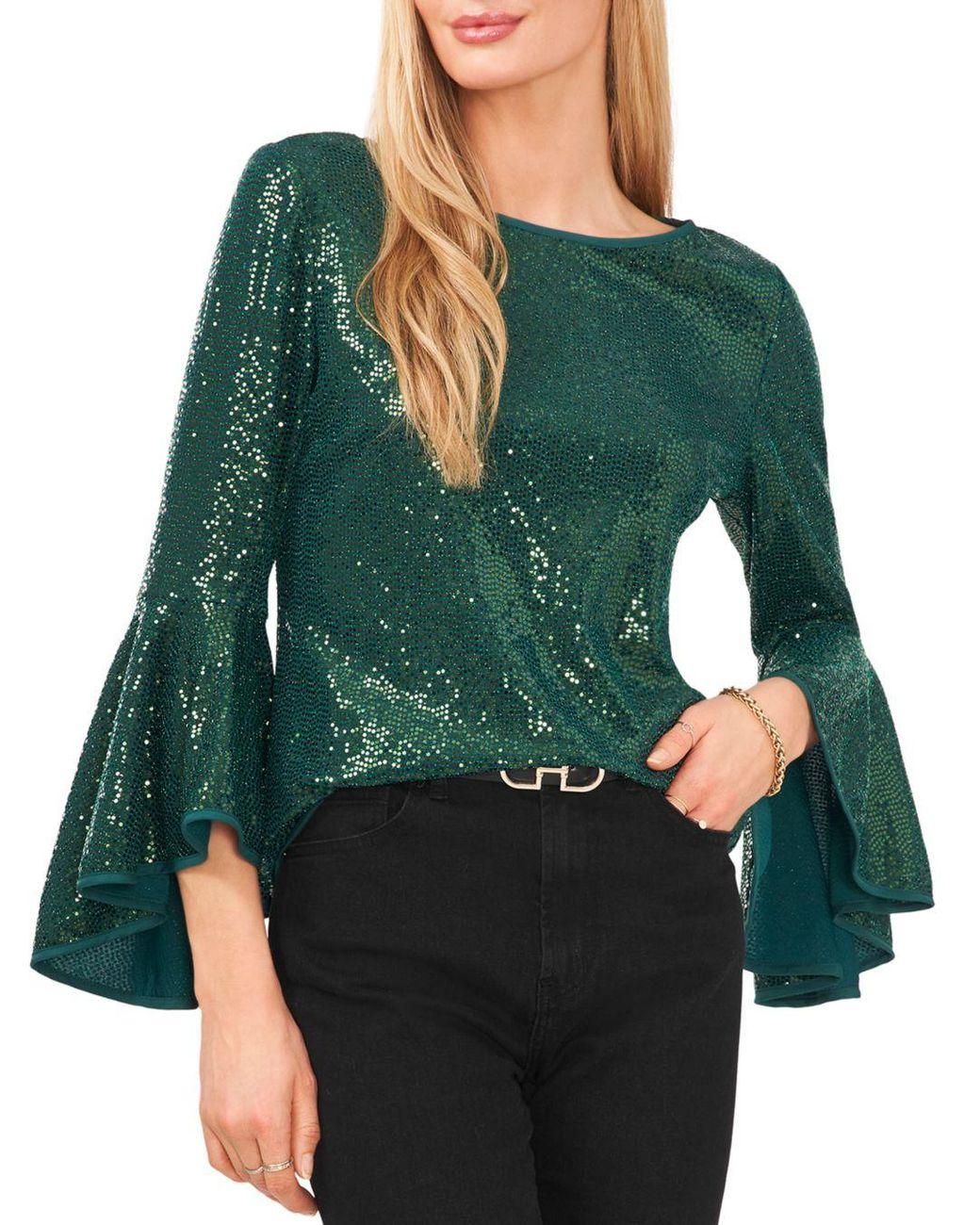 Vince Camuto Sparkle Bell Sleeve Top in Green | Lyst