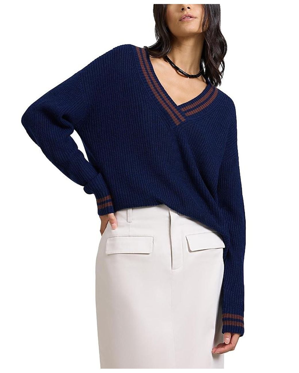 Onia Blue Deep V-Neck Varsity Pullover Sweater