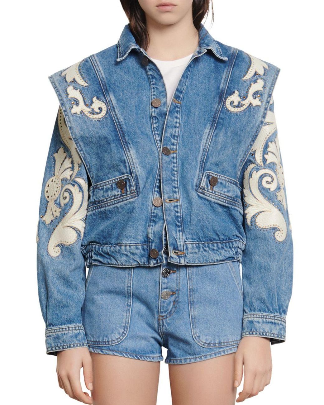 Sandro Kevin Embroidered Denim Jacket in Blue | Lyst