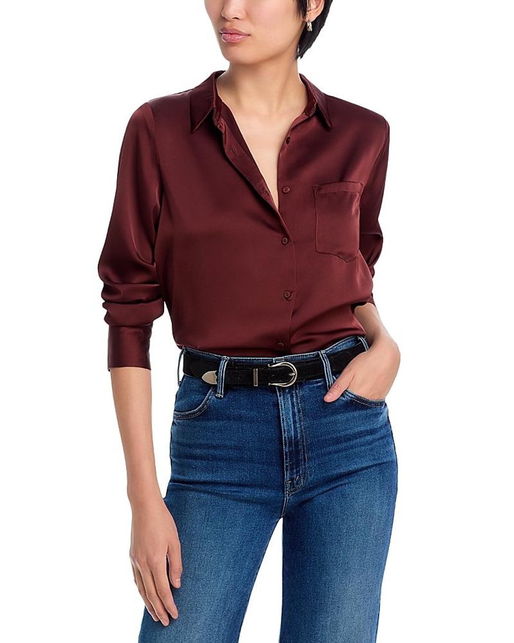 Aqua Red Satin Button Front Blouse