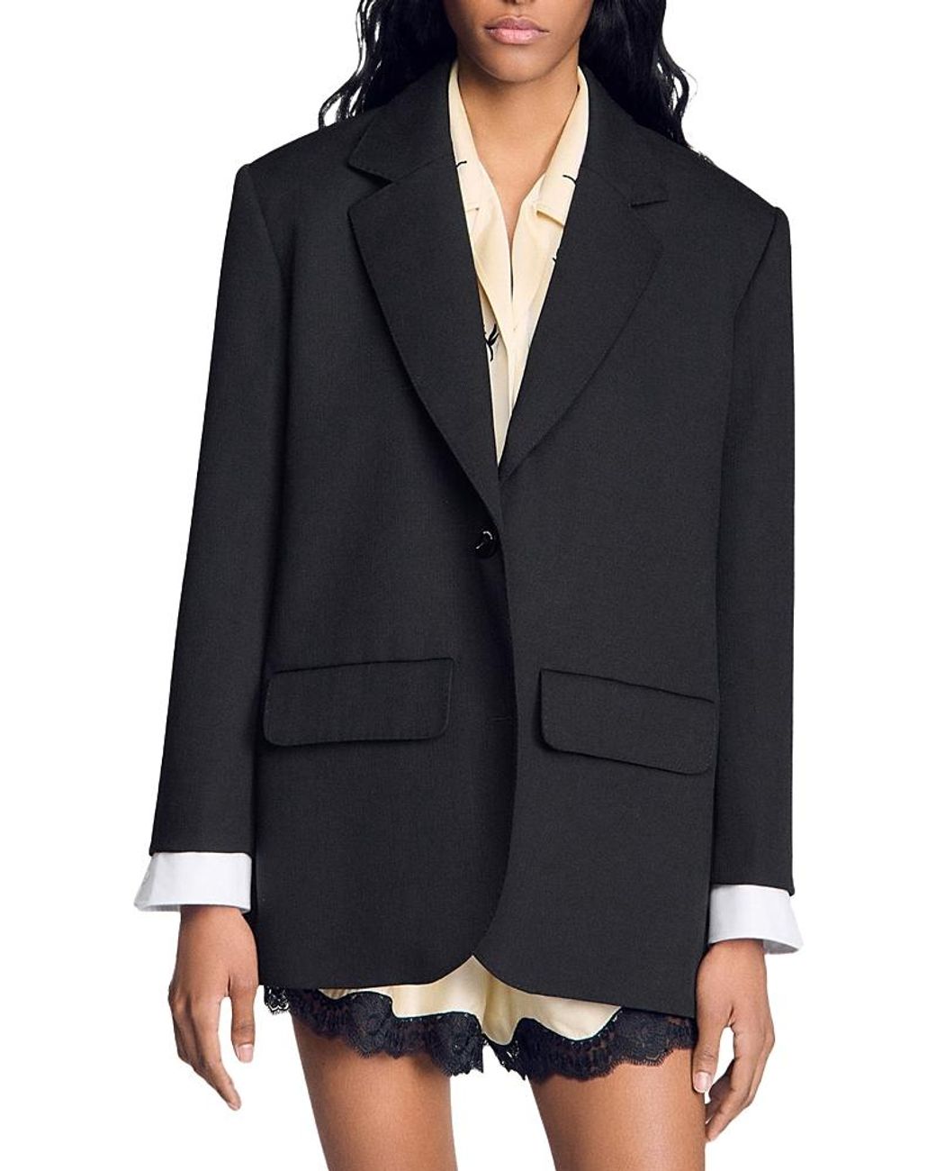 Sandro Black Mixed Material Satin Jacket