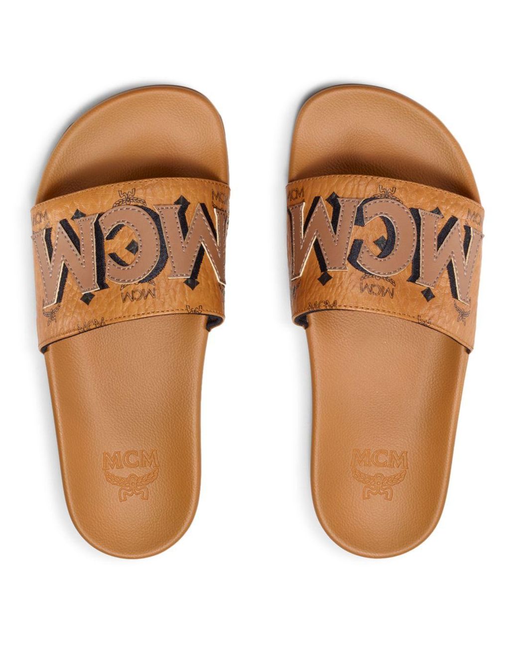 MCM Visetos Logo Patch Slide Sandals in Brown | Lyst