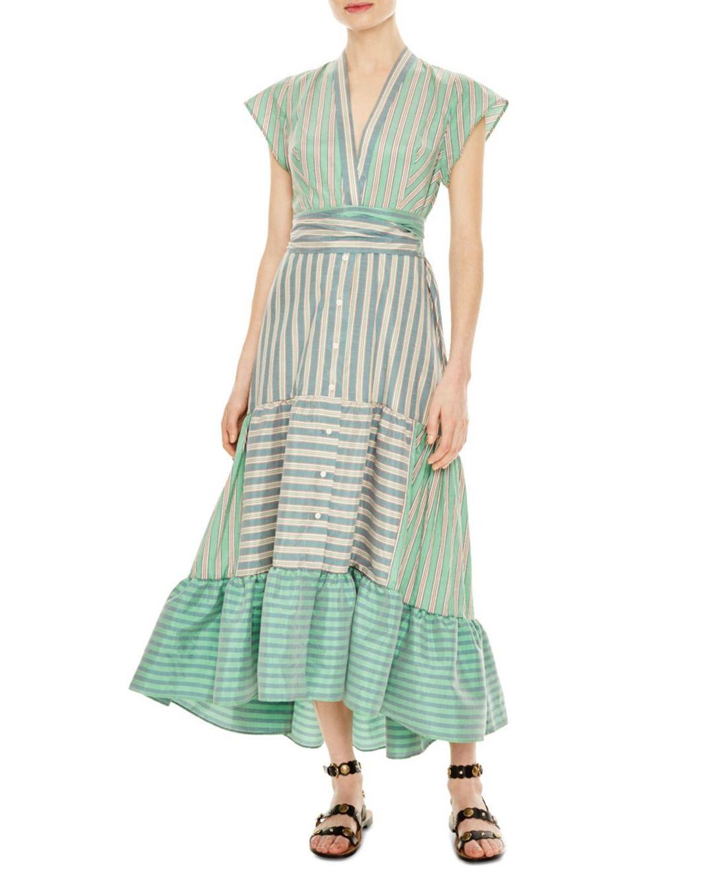 Sandro Yousra Striped Button - Front Maxi Dress in Green | Lyst Canada