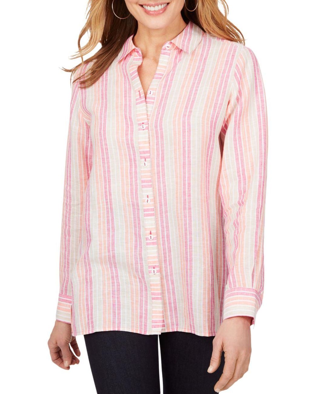 Foxcroft Journey Striped Easy Care Linen Shirt in Pink - Lyst