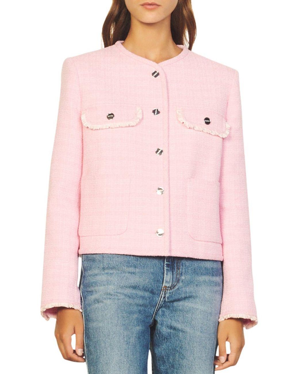 Sandro Diana Tweed Jacket in Pink | Lyst