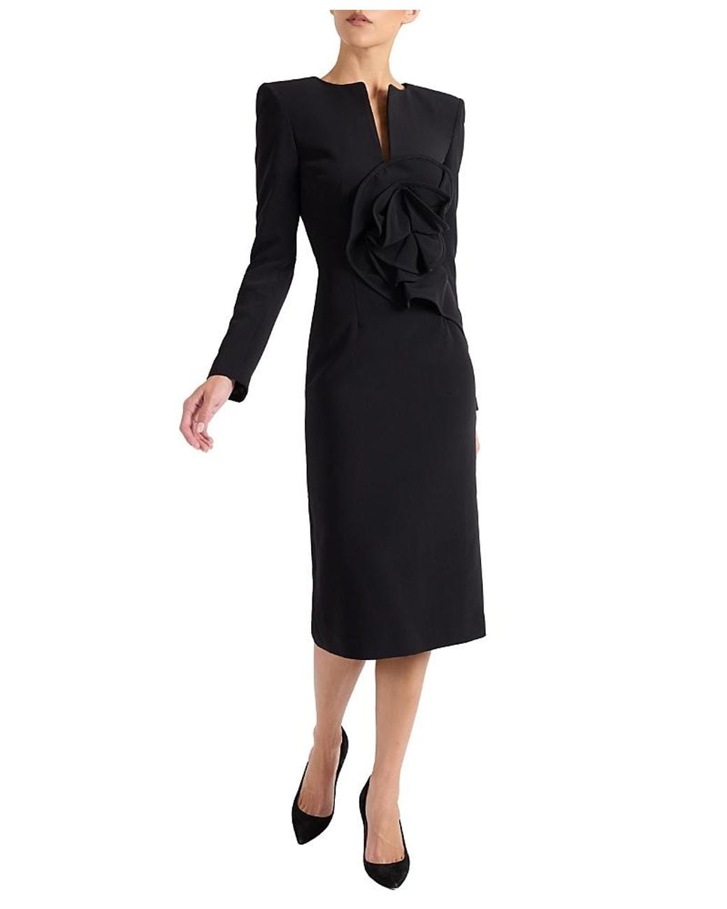 Santorelli Black Maya Long Sleeve Midi Dress With Dramatic Floral Applique
