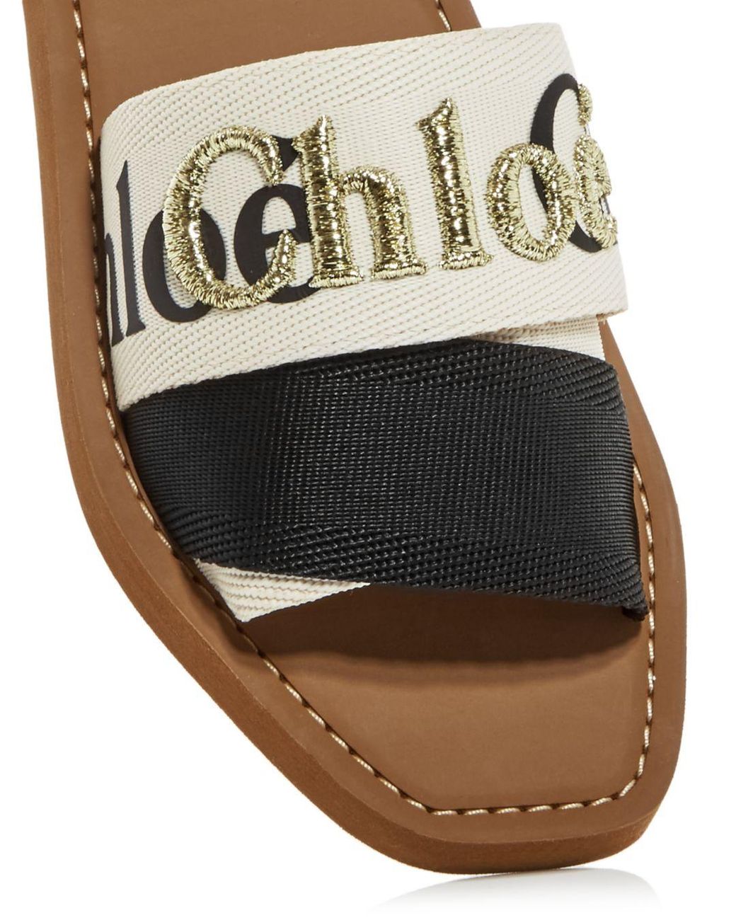 Chloé Lace Woody Embroidered Logo Slide Sandals in Black/White 