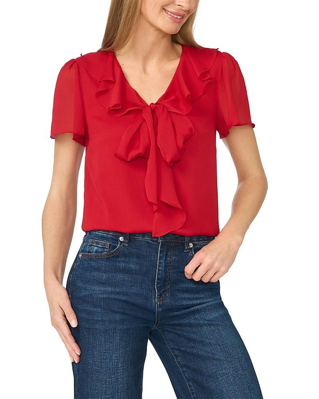 Cece Red Ruffle Tie V Neck Blouse