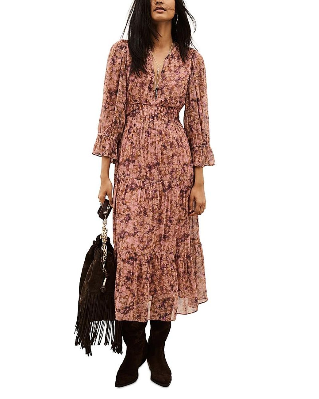 Ba&sh Red Aema Printed Midi Dress