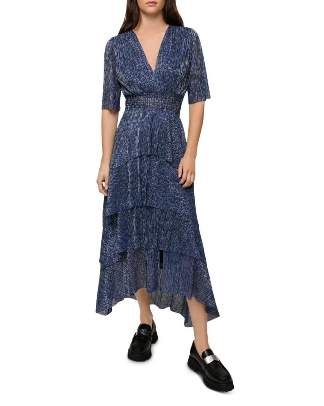Maje Ruffini Metallic Tiered Dress in Blue | Lyst