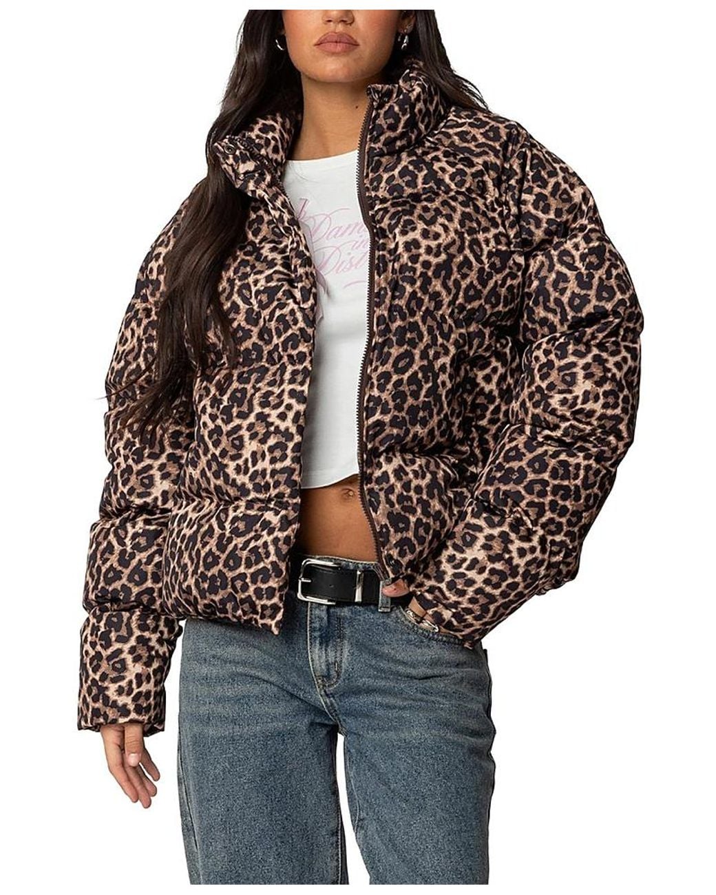 Edikted Brown Dalya Printed Puffer Jacket