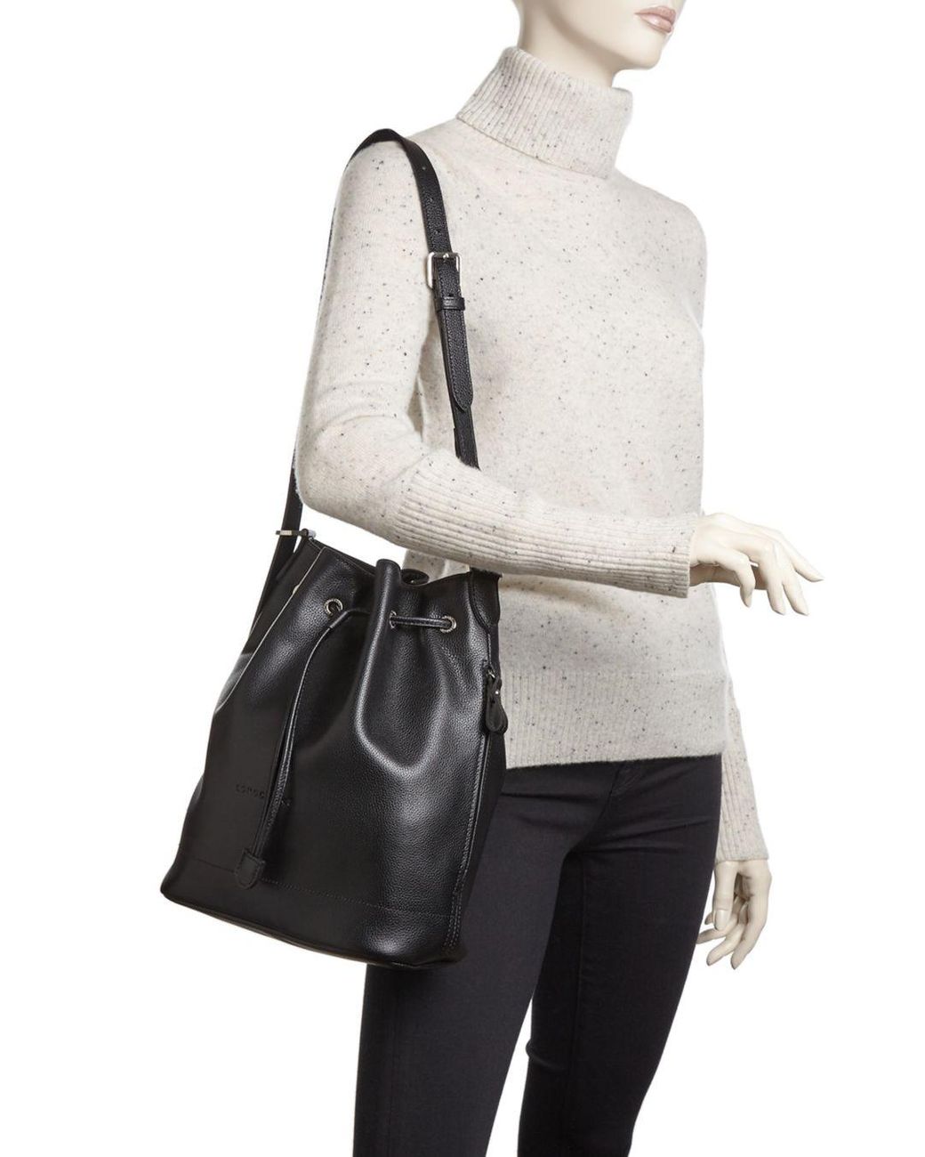 Longchamp Le Foulonne Leather Bucket Bag in Black/Silver (Black ...