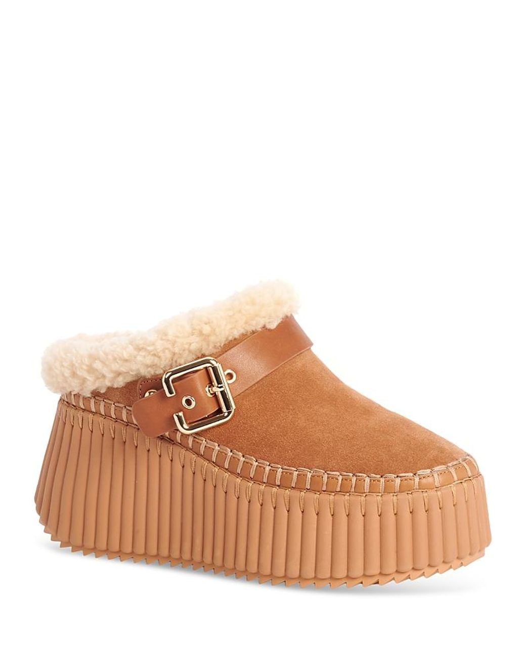 Chloé Brown Nama Shearling Lined Wedge Mules