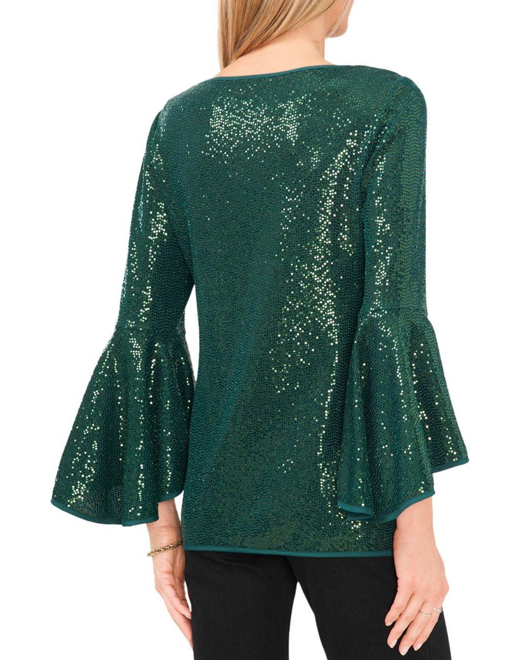 Vince Camuto Women's Green Sparkle Bell Sleeve Top