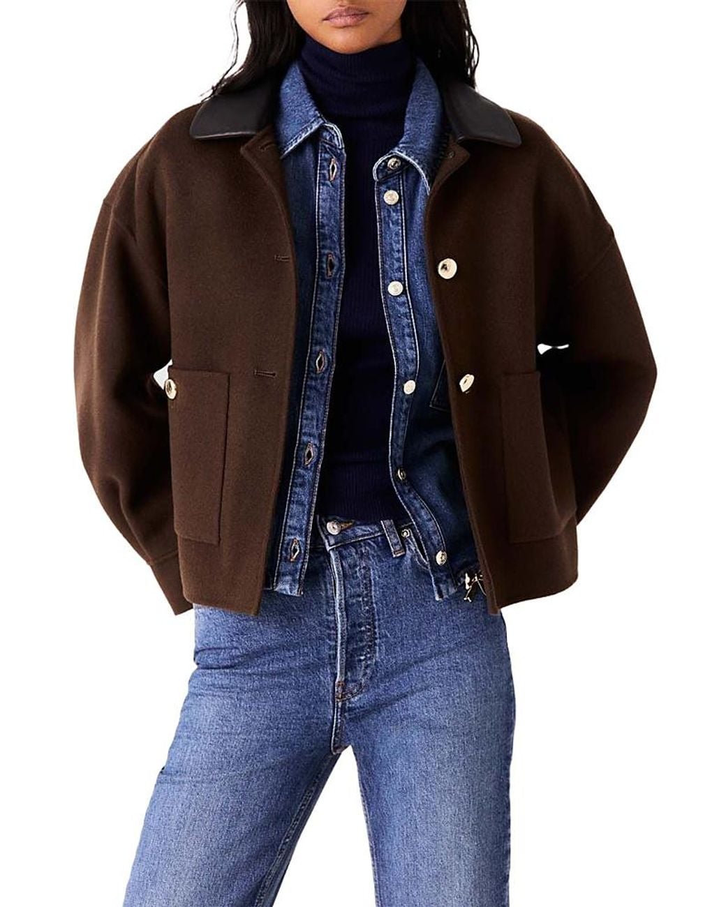 Maje Blue Wool Blend Contrast Collar Jacket
