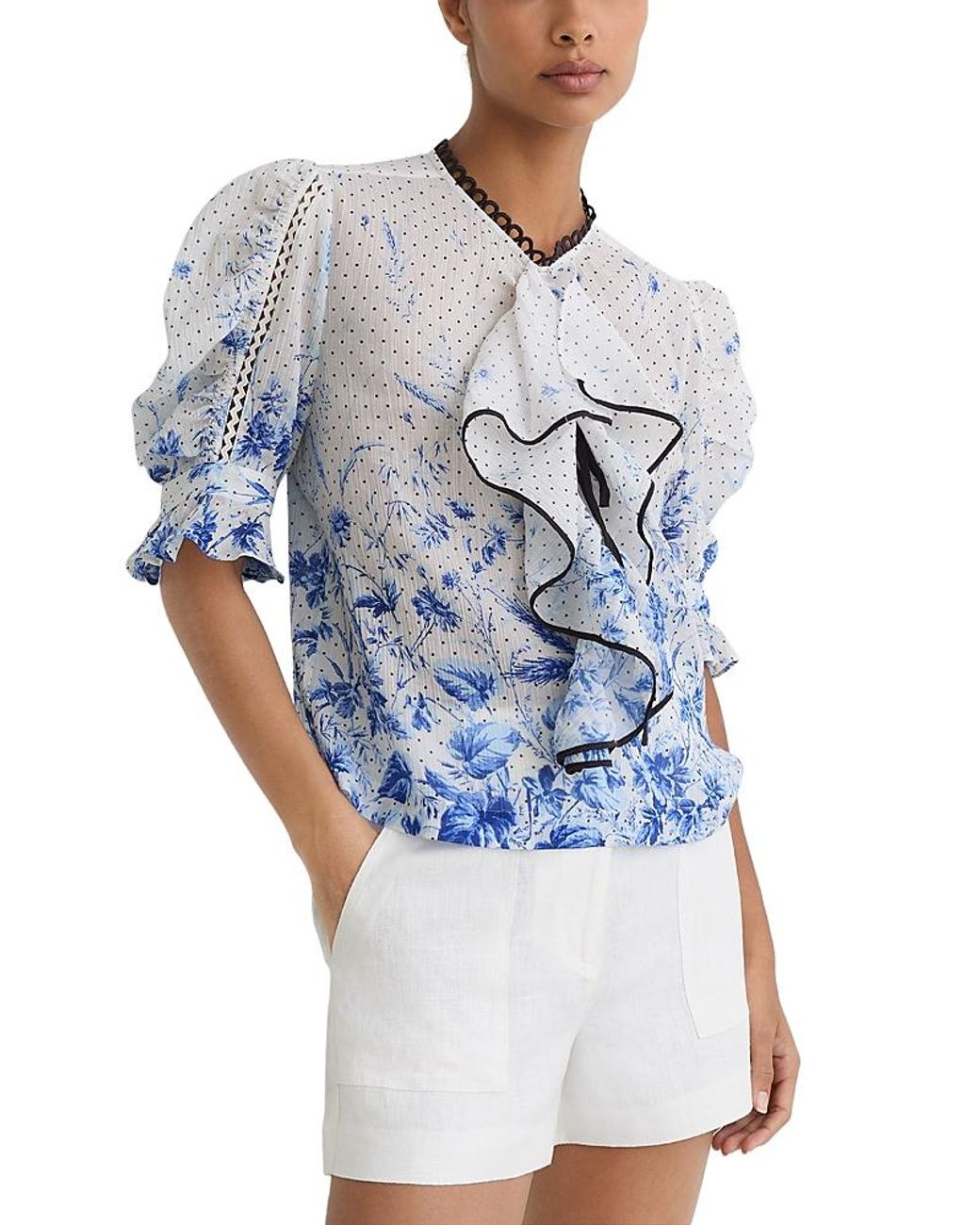 Reiss Blue Ruffle Printed Blouse